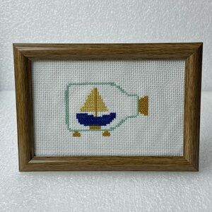 Nautical Art SHIP IN A BOTTLE Handmade Finished Framed Cross-Stitch